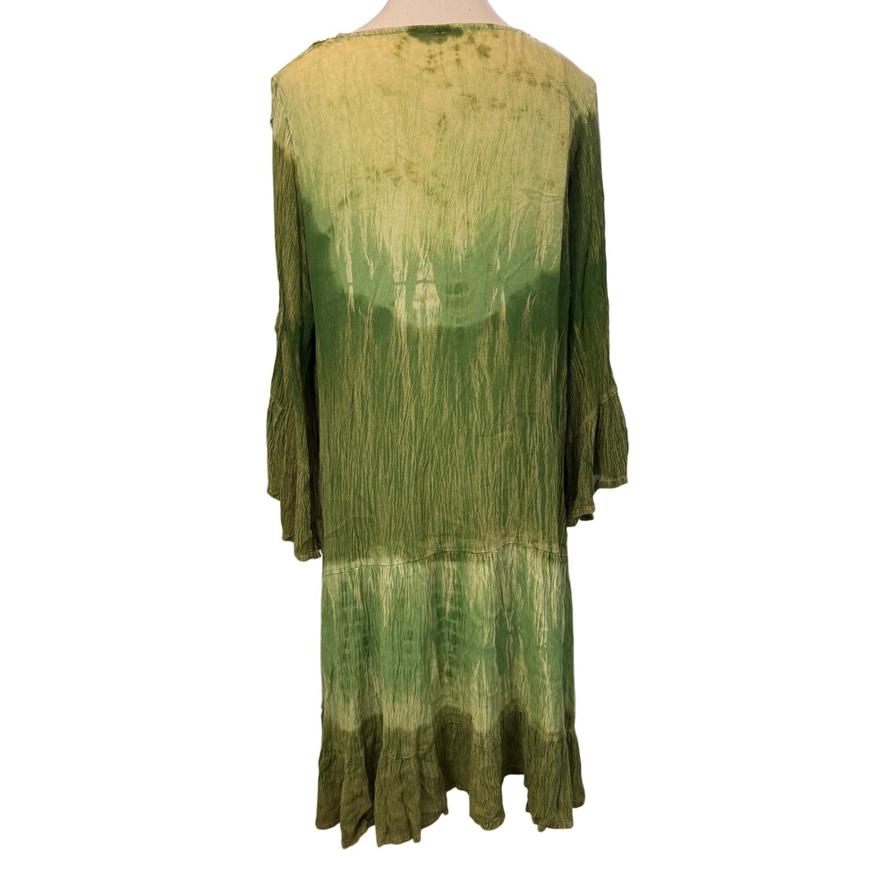 M/L Green Tie Dye Boho Crochet Lace Tassel Midi Dress Lagenlook Fairy Flowy Tier - Picture 2 of 7